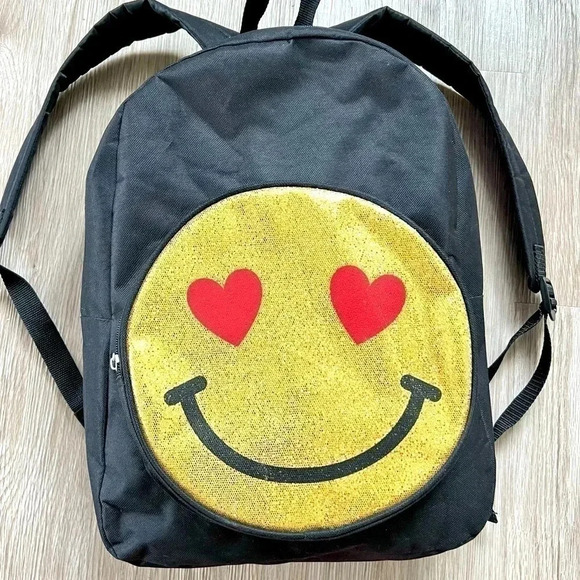 BACKPACK SMILEY  FACE BLACK GOLD LOVE IT - Picture 1 of 12